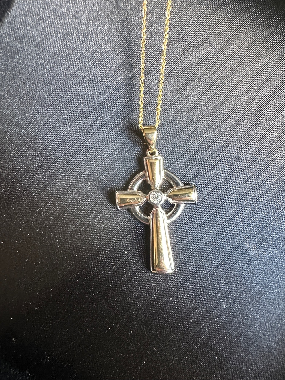 Elegant 14k two tone gold Celtic Cross Pendant Necklace